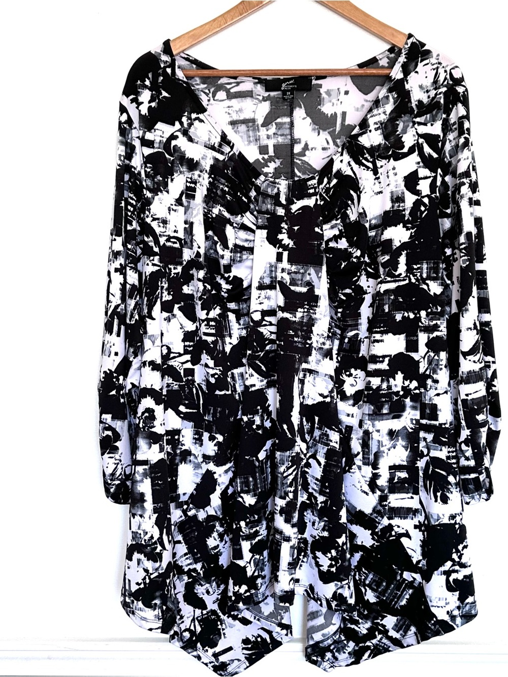 GNW Plus Tunic Women’s 2X Black White Abstract 3/4 Sleeve Pullover Shirt Top